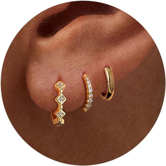 3 Pairs Gold Hoop Earrings Set: Dainty Stud Earrings Trendy Small 14K Gold Plate - Picture 1 of 9